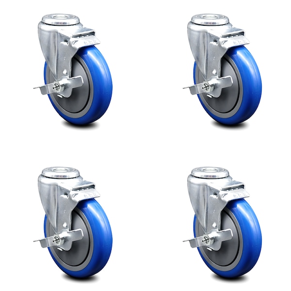 5 Inch Blue Polyurethane Wheel Swivel Bolt Hole Caster Set with Brake SCC